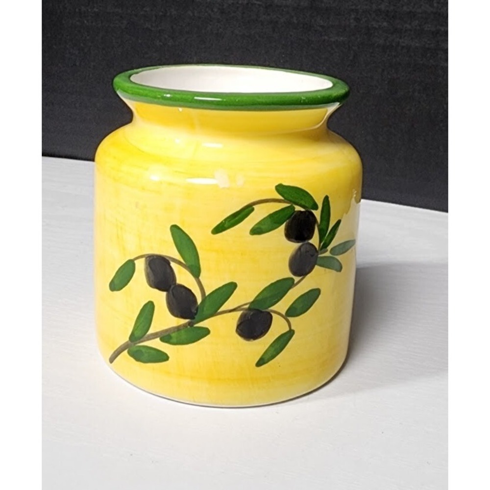 VTG Monique Yellow‎ Olive Branch Crock Olive Pit Jar Made in Spain Hand Painted